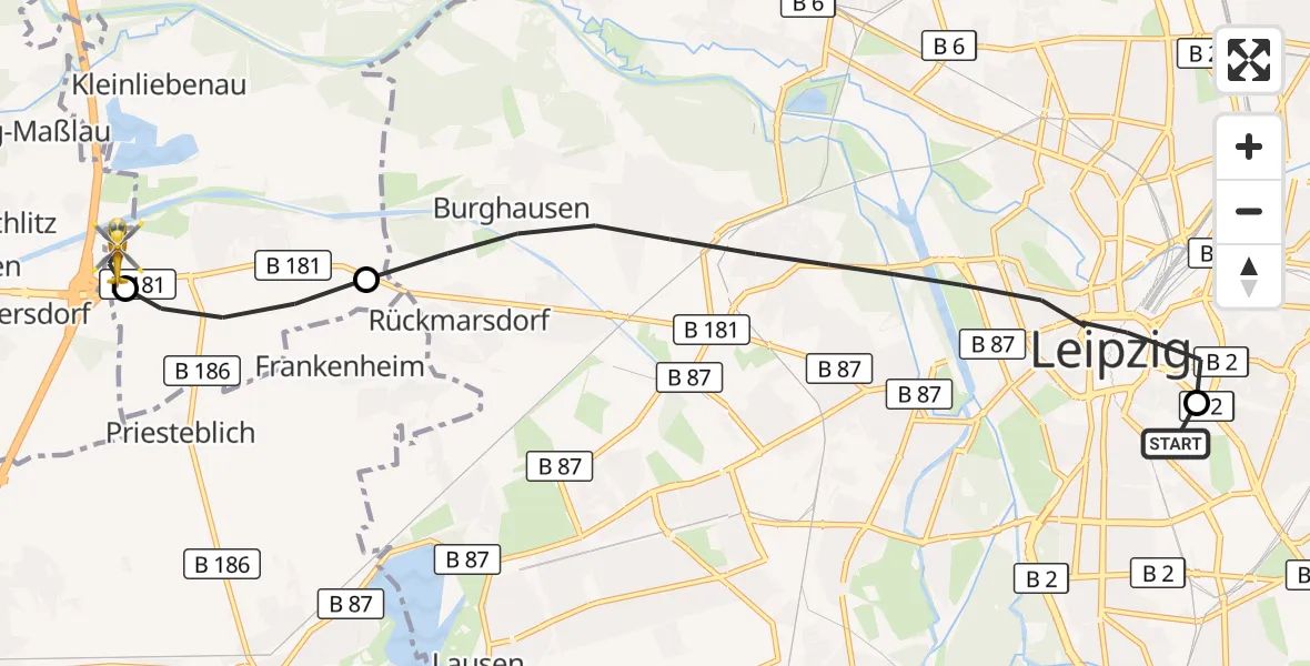 Flugroute Rettungshubschrauber Leipzig University Hospital Heliport 1 - ADAC Air Rescue Station Leipzig/Schkeuditz-Dölzig Hubschrauberlandeplatz (Christoph 61), 09 Mai 2026, 10:59