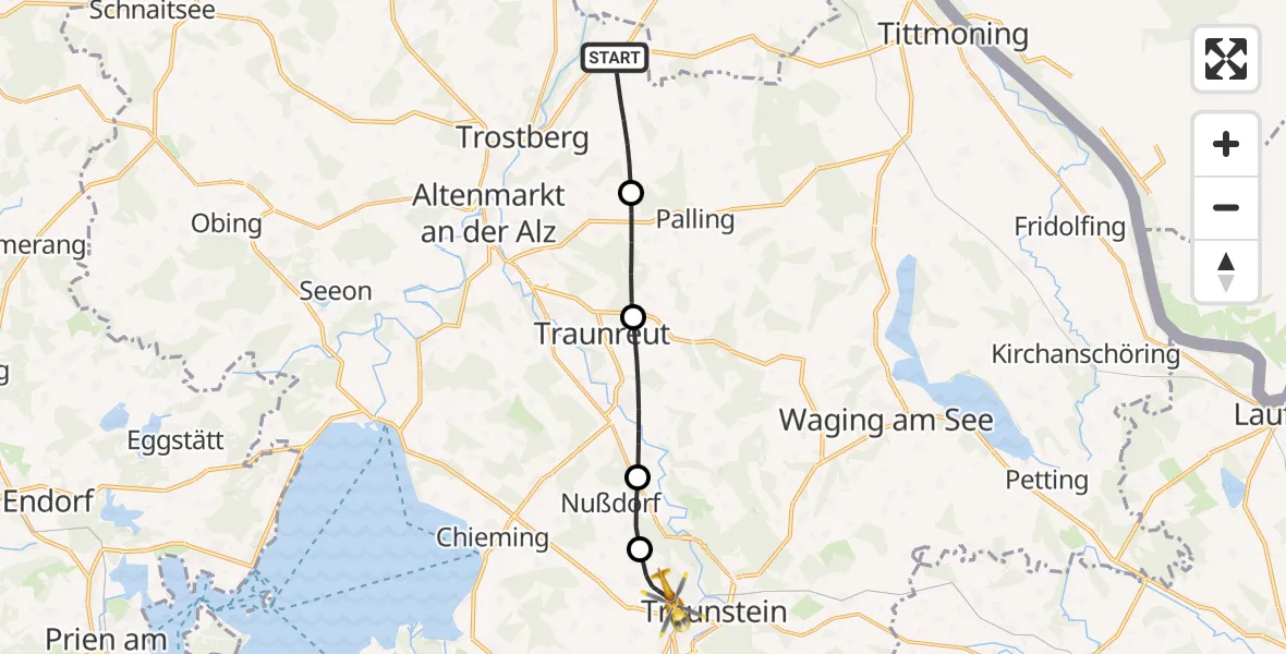 Flugroute Rettungshubschrauber Trostberg - Traunstein Krankenhaus Hubschrauberlandeplatz, 09 Mai 2026, 11:02