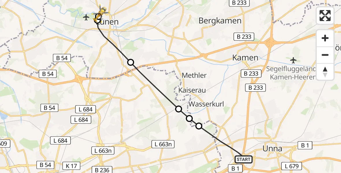 Flugroute Rettungshubschrauber Unna - Sankt Marien Hospital, 09 Mai 2026, 11:05