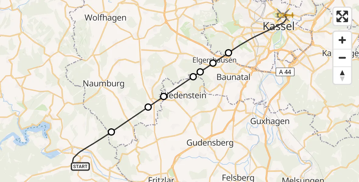 Flugroute Rettungshubschrauber Edertal - Kassel, 09 Mai 2026, 11:13