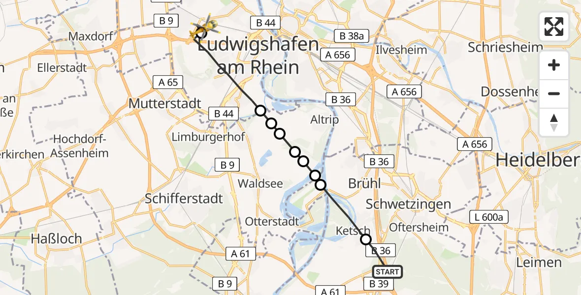 Flugroute Rettungshubschrauber Schwetzingen - Ludwigshafen Accident Hospital, 09 Mai 2026, 11:15