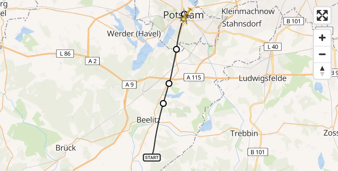 Flugroute Rettungshubschrauber Beelitz - Ernst von Bergmann Clinic Hubschrauberlandeplatz, 09 Mai 2026, 11:17