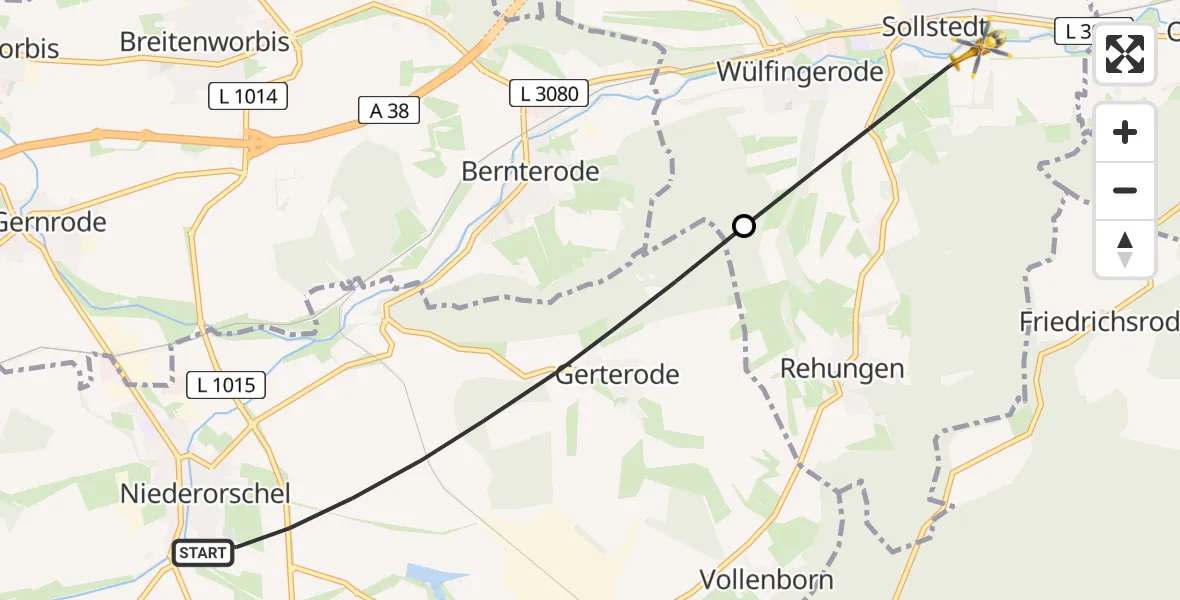 Flugroute Rettungshubschrauber Niederorschel - Sollstedt, 09 Mai 2026, 11:23