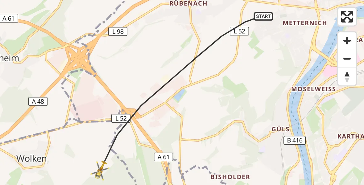 Flugroute Rettungshubschrauber Koblenz - Kobern-Gondorf, 09 Mai 2026, 11:24