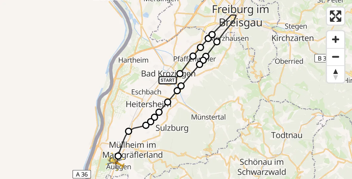 Flugroute Rettungshubschrauber Bad Krozingen - Auggen, 09 Mai 2026, 11:27