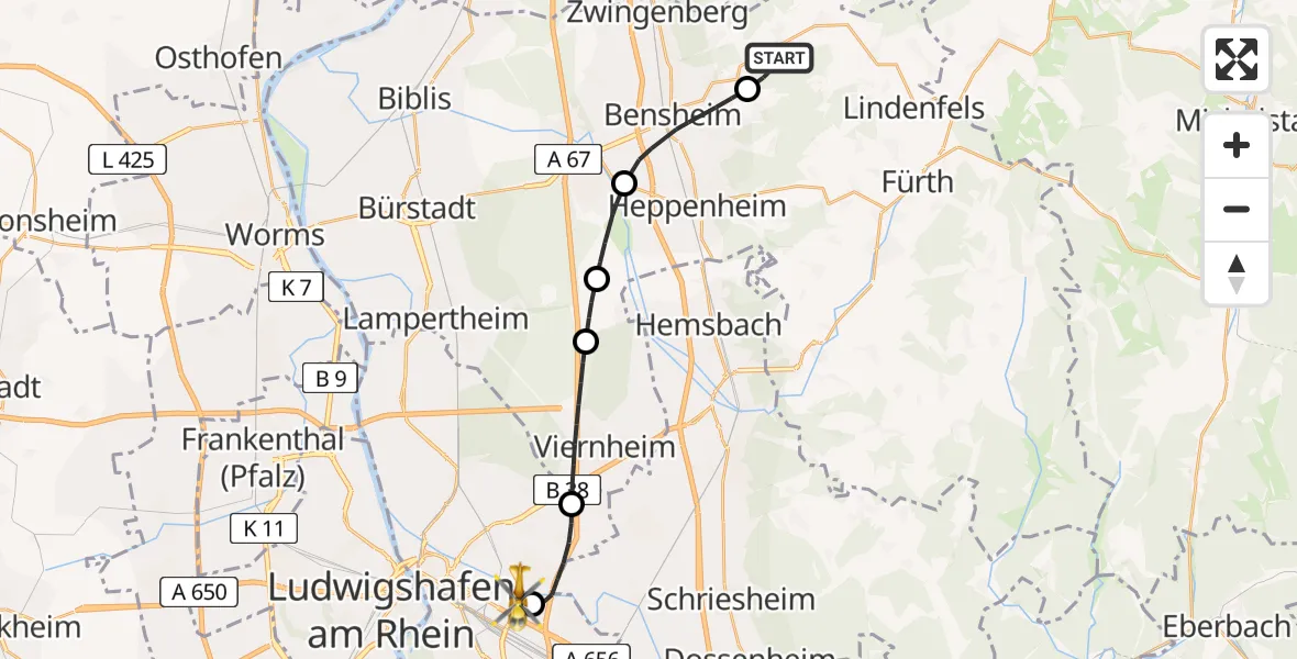 Flugroute Rettungshubschrauber Lautertal (Odenwald) - Mannheim-City Flughafen, 09 Mai 2026, 11:28