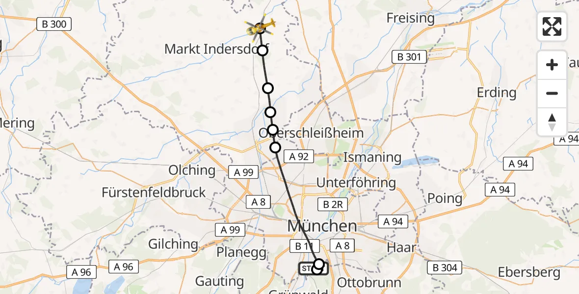 Flugroute Rettungshubschrauber ADAC Air Rescue Center Hubschrauberlandeplatz (Christoph 1) - Petershausen, 09 Mai 2026, 11:33