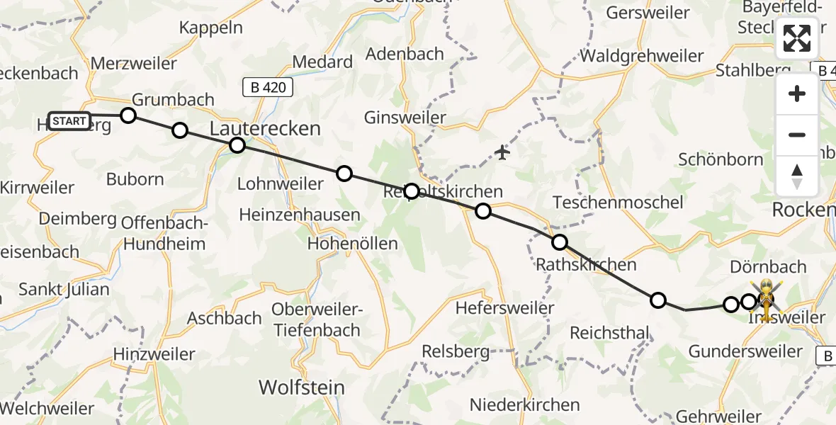 Flugroute Rettungshubschrauber Homberg - Imsweiler UL, 09 Mai 2026, 11:38
