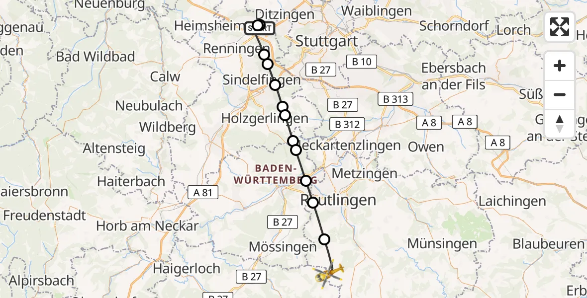 Flugroute Rettungshubschrauber Leonberg Hospital - Sonnenbühl, 09 Mai 2026, 11:38