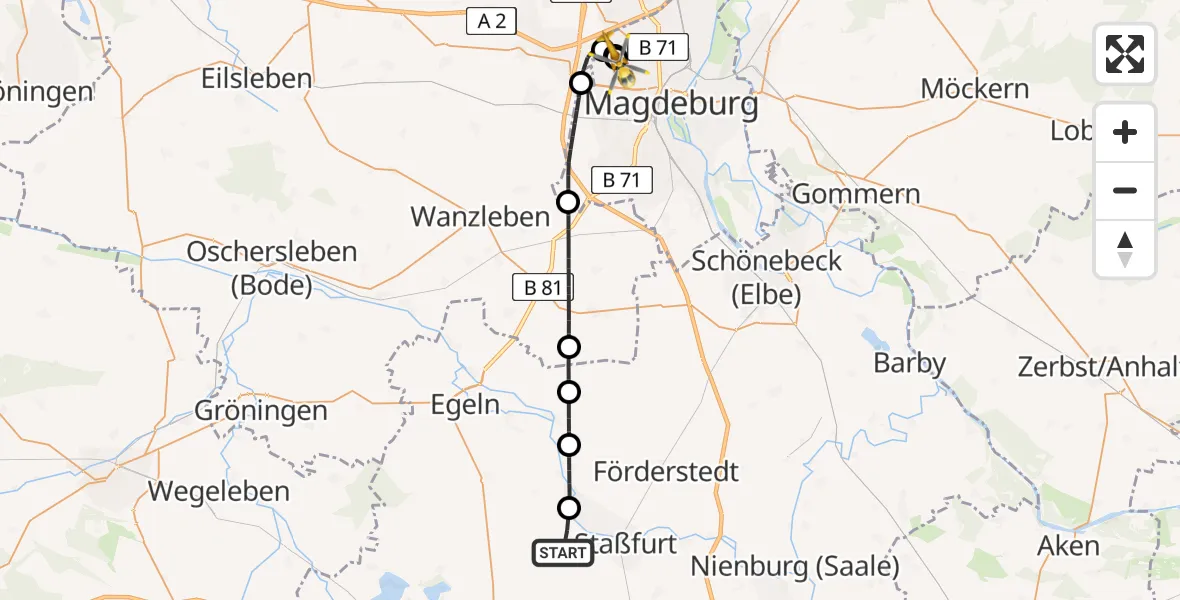 Flugroute Rettungshubschrauber Hecklingen - Magdeburg Hospital, 09 Mai 2026, 11:40