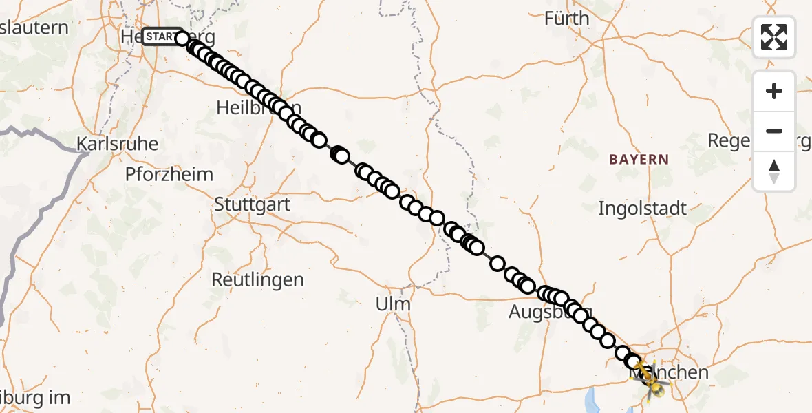 Flugroute Rettungshubschrauber Heidelberg - DRF Air Rescue München Hubschrauberlandeplatz, 09 Mai 2026, 11:52