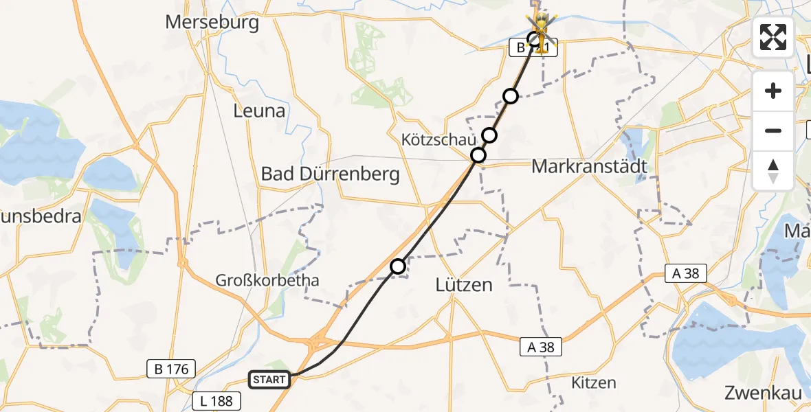 Flugroute Rettungshubschrauber Lützen - ADAC Air Rescue Station Leipzig/Schkeuditz-Dölzig Hubschrauberlandeplatz (Christoph 61), 09 Mai 2026, 11:58