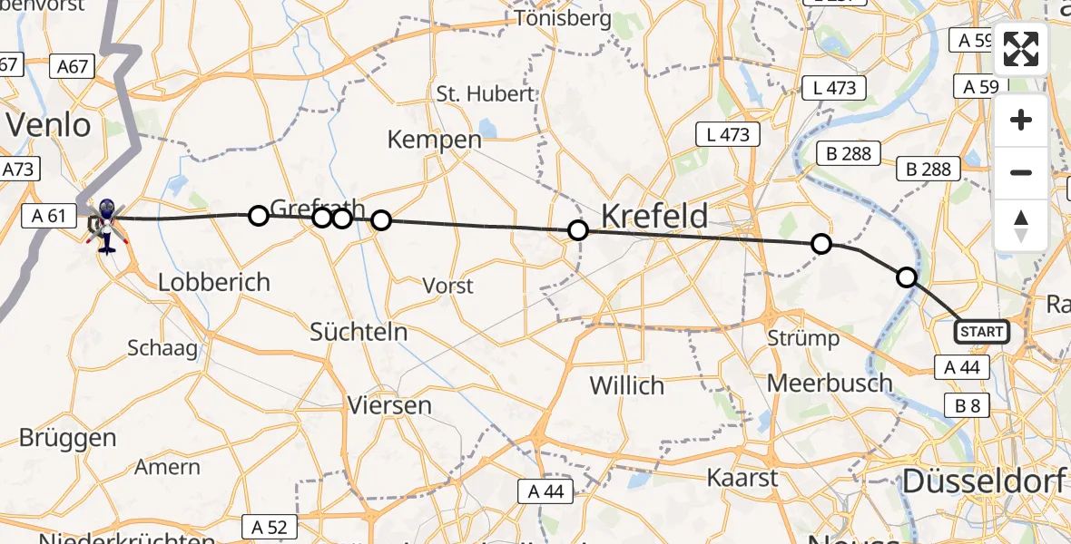Flugroute Polizeihubschrauber Düsseldorf Flughafen - Nettetal, 09 Mai 2026, 12:07