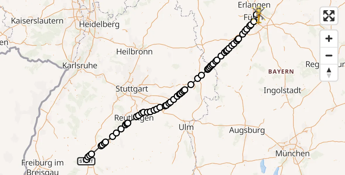 Flugroute Ambulanzhubschrauber DRF Air Rescue Station Villingen-Schwenningen Hubschrauberlandeplatz (Christoph 11) - Flughafen Nuremberg, 09 Mai 2026, 12:08