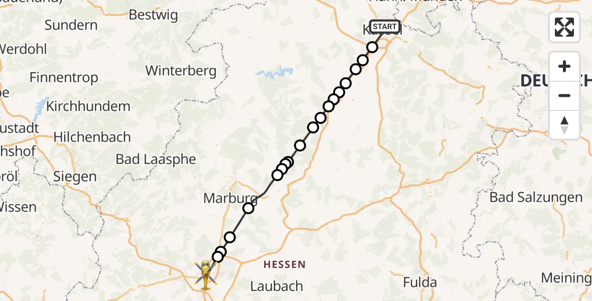 Flugroute Rettungshubschrauber Kassel - Gießen, 09 Mai 2026, 12:09