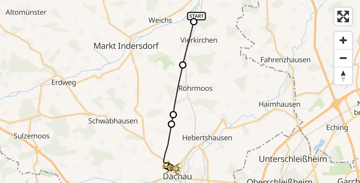 Flugroute Rettungshubschrauber Petershausen - Helios Clinic Dachau, 09 Mai 2026, 12:10