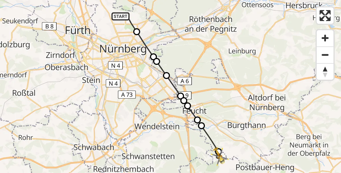 Flugroute Rettungshubschrauber Flughafen Nuremberg - Pyrbaum, 09 Mai 2026, 12:17