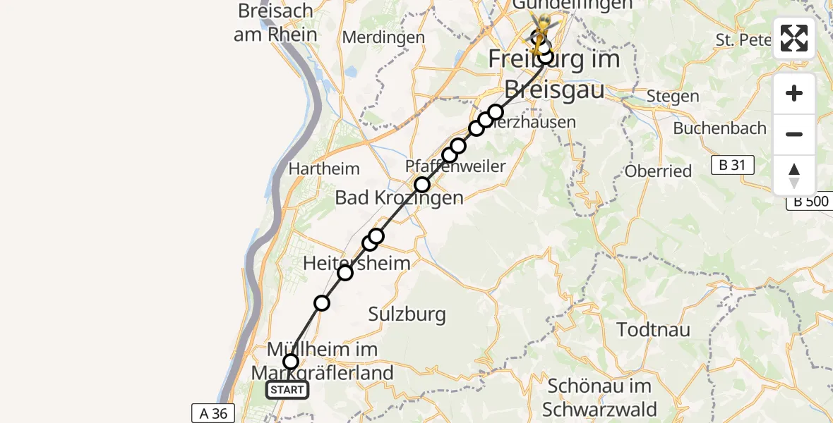 Flugroute Rettungshubschrauber Auggen - Freiburg im Breisgau Flugplatz, 09 Mai 2026, 12:17
