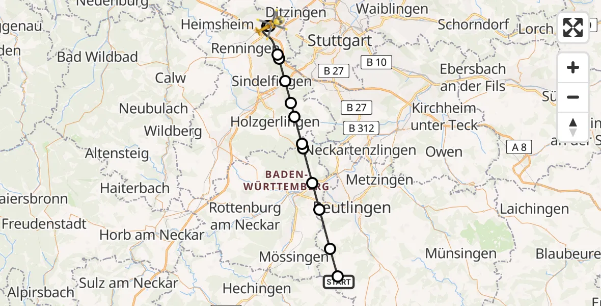 Flugroute Rettungshubschrauber Burladingen - Leonberg Hospital, 09 Mai 2026, 12:21