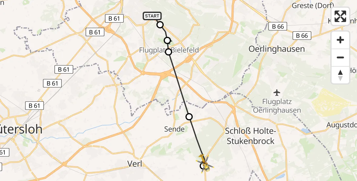 Flugroute Rettungshubschrauber Luftrettungszentrum Bielefeld - Verl, 09 Mai 2026, 12:21