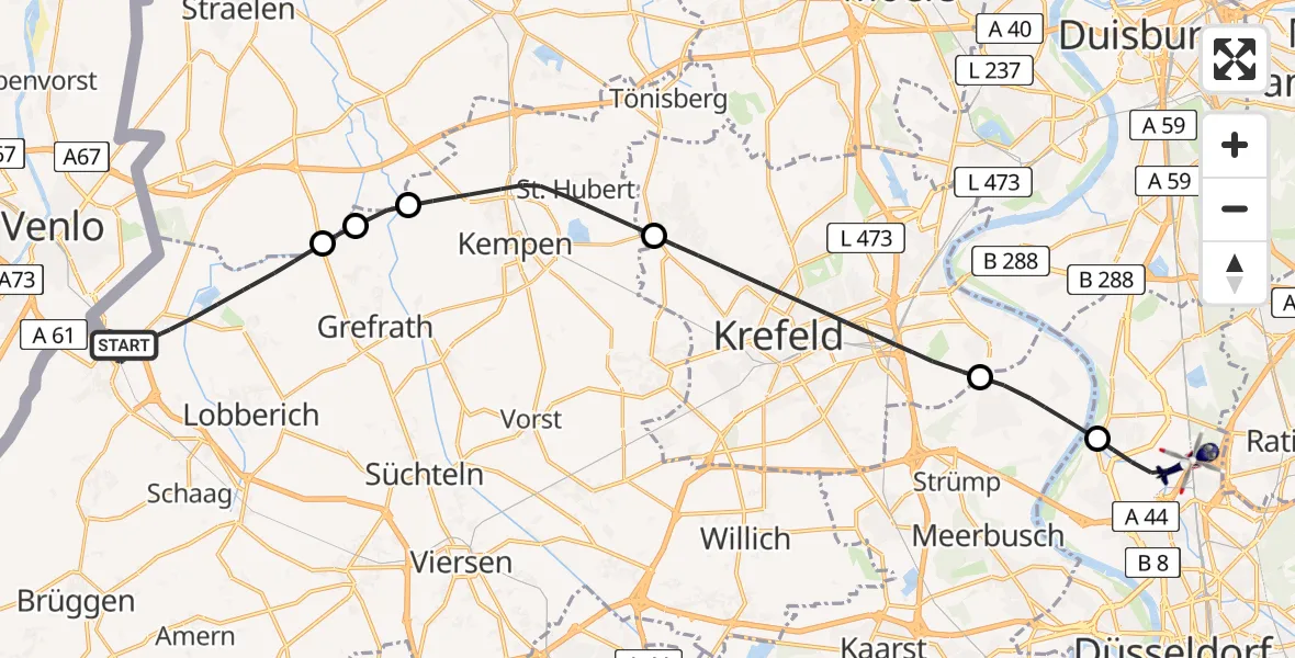 Flugroute Polizeihubschrauber Nettetal - Düsseldorf Flughafen, 09 Mai 2026, 12:28