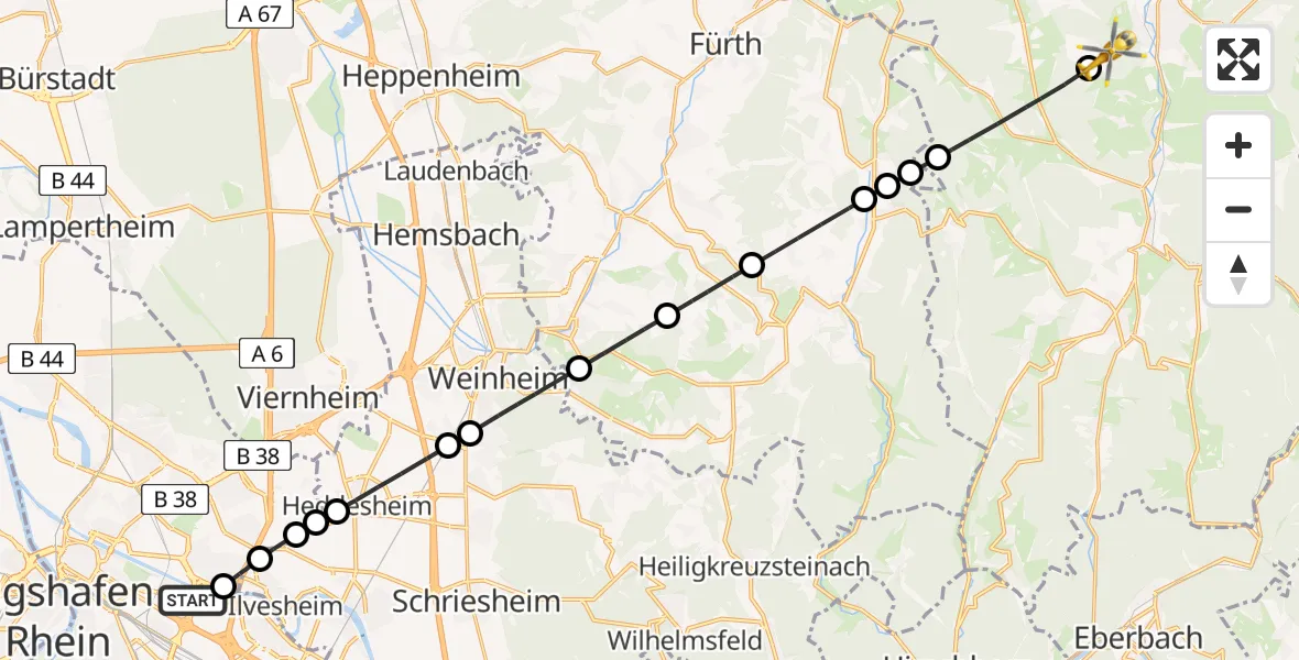 Flugroute Rettungshubschrauber Mannheim-City Flughafen - Erbach, 09 Mai 2026, 12:39