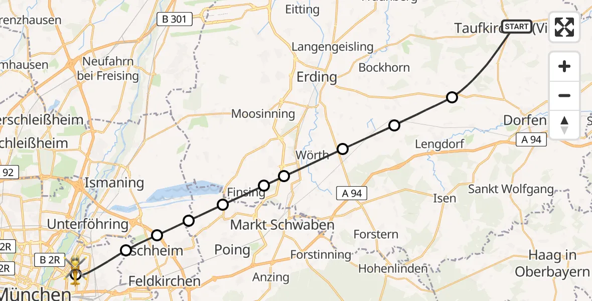 Flugroute Rettungshubschrauber Taufkirchen (Vils) - München Bogenhausen Hospital, 09 Mai 2026, 12:40
