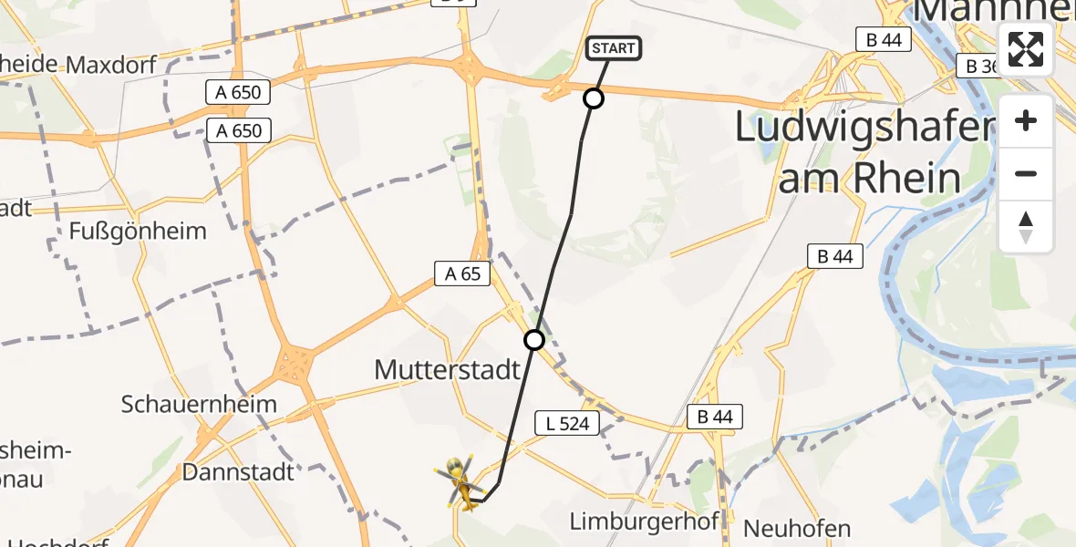 Flugroute Rettungshubschrauber Ludwigshafen Accident Hospital - Mutterstadt, 09 Mai 2026, 12:40