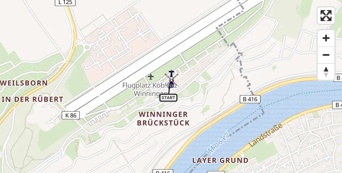 Flugroute Polizeihubschrauber Koblenz-Winningen Flugplatz - Koblenz-Winningen Flugplatz, 09 Mai 2026, 12:42