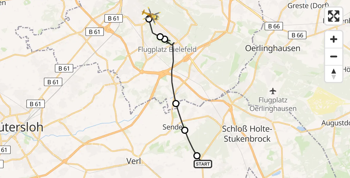 Flugroute Rettungshubschrauber Verl - Luftrettungszentrum Bielefeld, 09 Mai 2026, 13:00