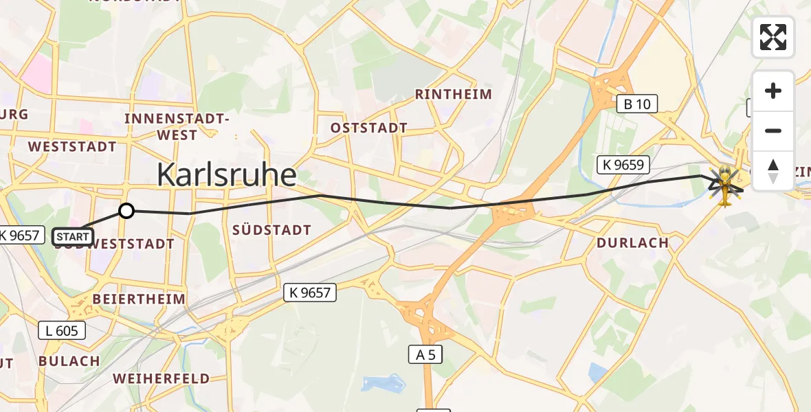 Flugroute Rettungshubschrauber Sankt Vincentius Hospital - Karlsruhe, 09 Mai 2026, 13:02