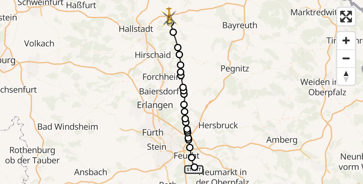 Flugroute Rettungshubschrauber Pyrbaum - Scheßlitz, 09 Mai 2026, 13:07