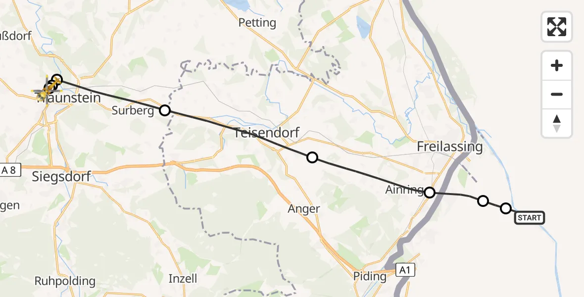 Flugroute Rettungshubschrauber Rott - Traunstein Hospital, 09 Mai 2026, 13:09