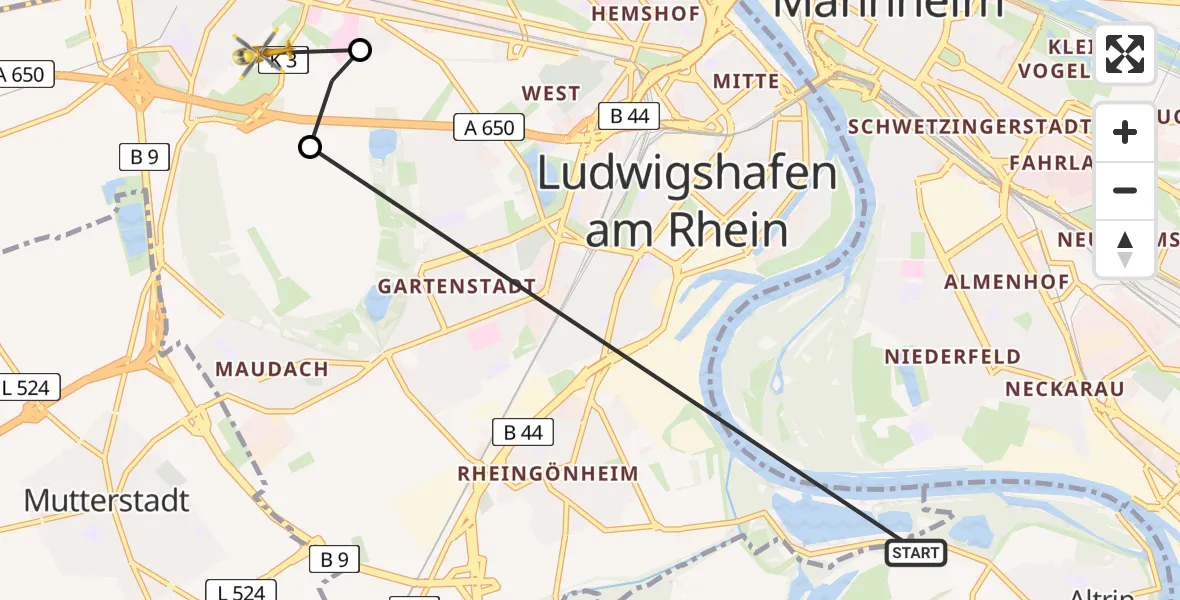 Flugroute Rettungshubschrauber Altrip - Ludwigshafen am Rhein, 09 Mai 2026, 13:09