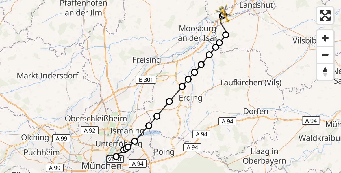 Flugroute Rettungshubschrauber München Bogenhausen Hospital - Landshut Flugplatz, 09 Mai 2026, 13:13