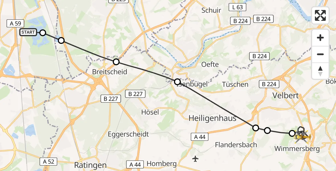 Flugroute Rettungshubschrauber Duisburg Air Rescue Hubschrauberlandeplatz (Christoph 9) - Velbert, 09 Mai 2026, 13:14