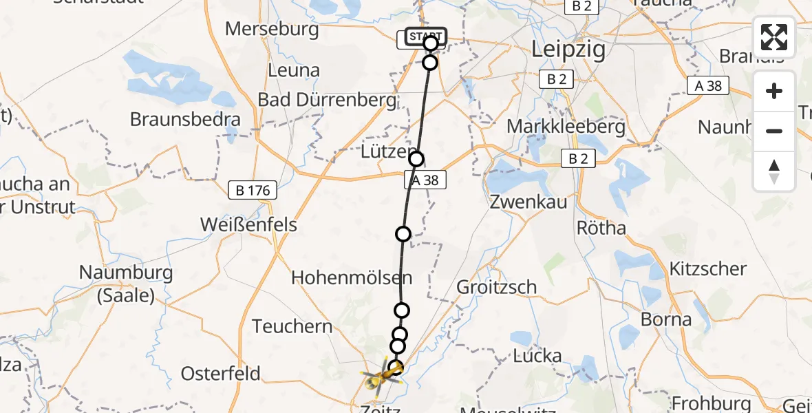 Flugroute Rettungshubschrauber ADAC Air Rescue Station Leipzig/Schkeuditz-Dölzig Hubschrauberlandeplatz (Christoph 61) - Zeitz, 09 Mai 2026, 13:29