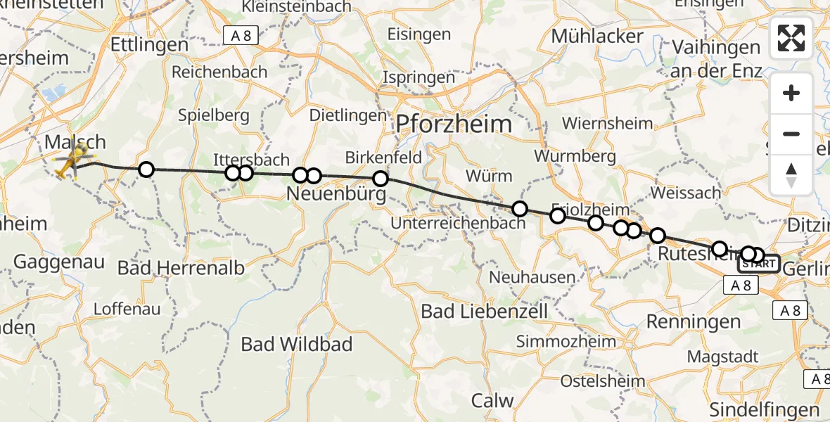 Flugroute Rettungshubschrauber Leonberg Hospital - Malsch, 09 Mai 2026, 13:32
