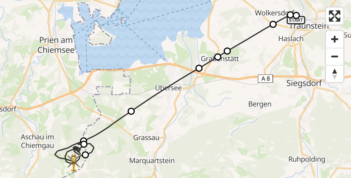 Flugroute Rettungshubschrauber Traunstein Hospital - Aschau i.Chiemgau, 09 Mai 2026, 13:32