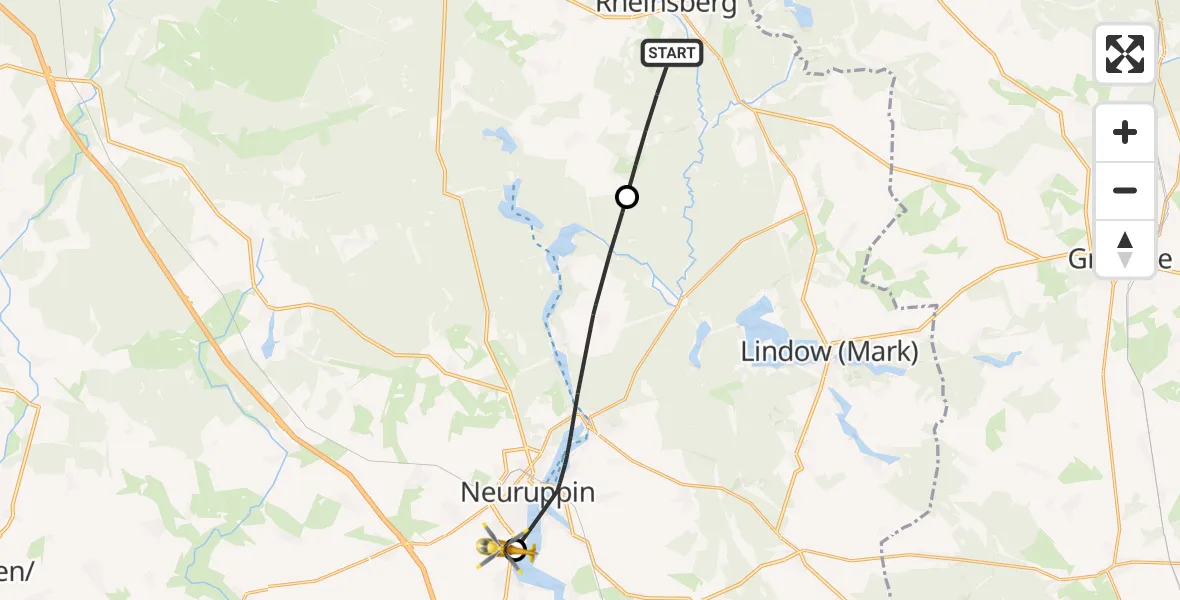 Flugroute Rettungshubschrauber Rheinsberg - Rupin Hospital, 09 Mai 2026, 13:33