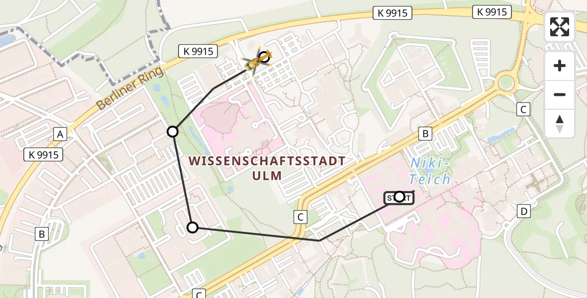 Flugroute Rettungshubschrauber Ulm Military Hospital Emergency - Ulm Military Hospital Emergency, 09 Mai 2026, 13:33