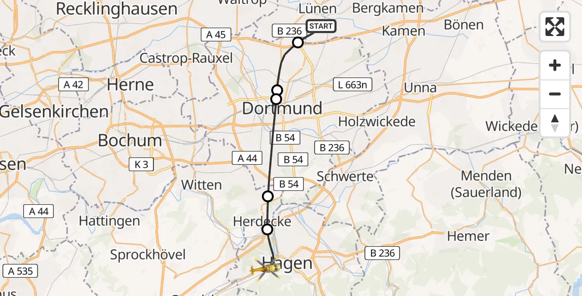 Flugroute Rettungshubschrauber Lünen - Hagen, 09 Mai 2026, 13:34