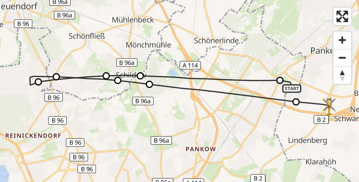 Flugroute Rettungshubschrauber Helios Clinic Berlin-Buch - Panketal, 09 Mai 2026, 13:34