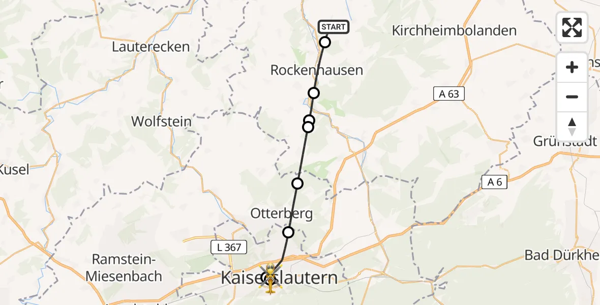 Flugroute Rettungshubschrauber Dielkirchen - Westpfalz Hospital Kaiserslautern, 09 Mai 2026, 13:36