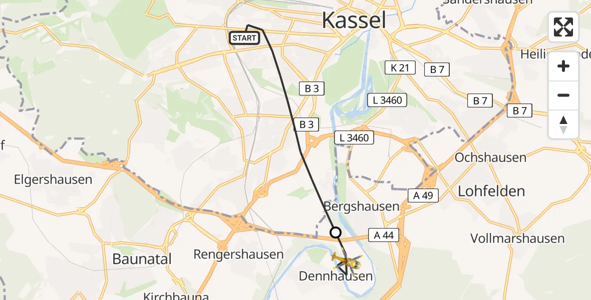 Flugroute Rettungshubschrauber Kassel - Fuldabrück, 09 Mai 2026, 13:38