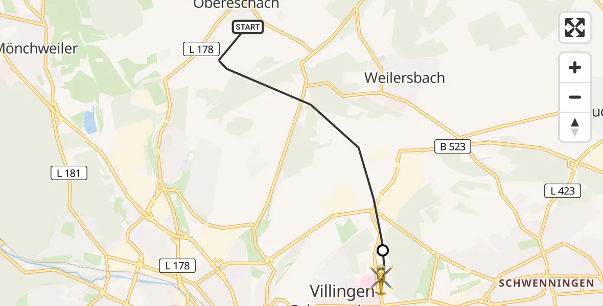 Flugroute Rettungshubschrauber Villingen-Schwenningen - DRF Air Rescue Station Villingen-Schwenningen Hubschrauberlandeplatz (Christoph 11), 09 Mai 2026, 13:38
