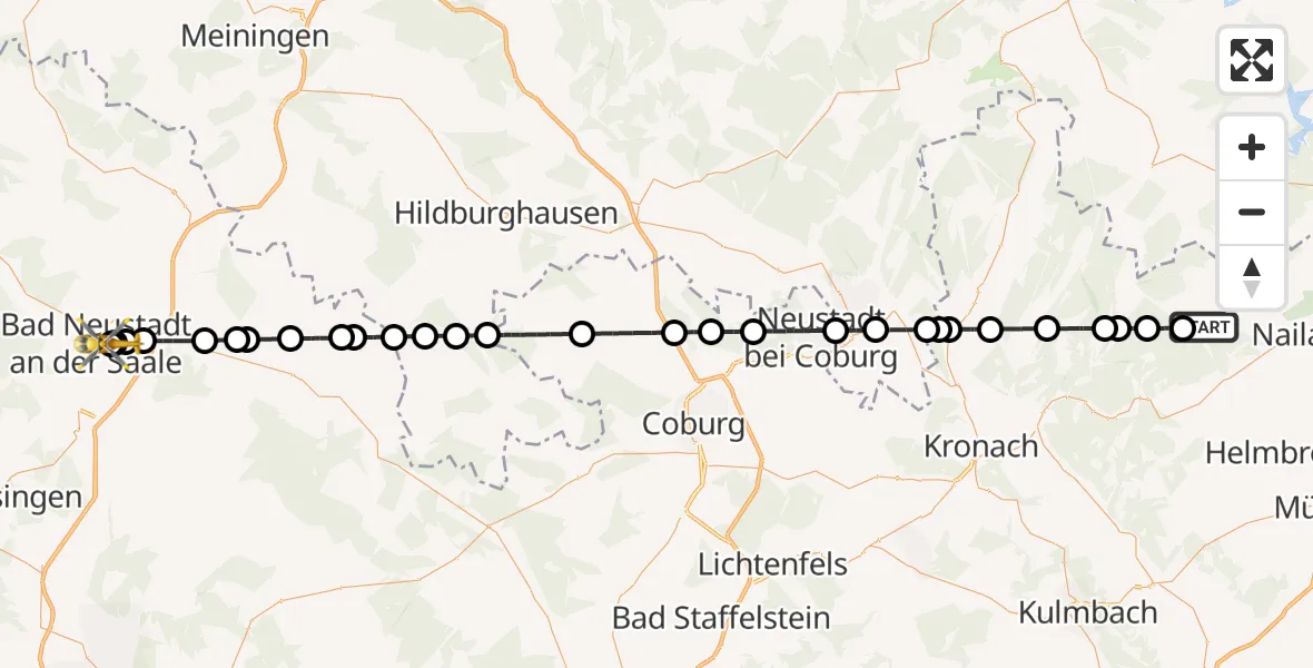 Flugroute Ambulanzhubschrauber Geroldsgrün - Bad Neustadt an der Saale Hospital, 09 Mai 2026, 13:41