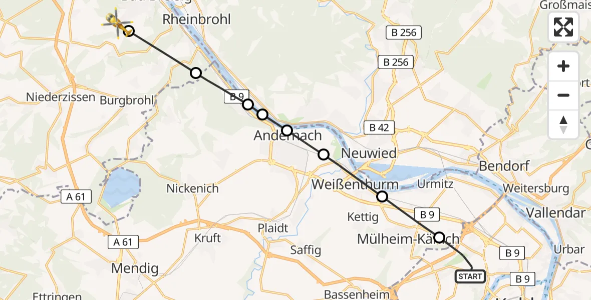 Flugroute Rettungshubschrauber Koblenz - Bad Breisig, 09 Mai 2026, 13:41