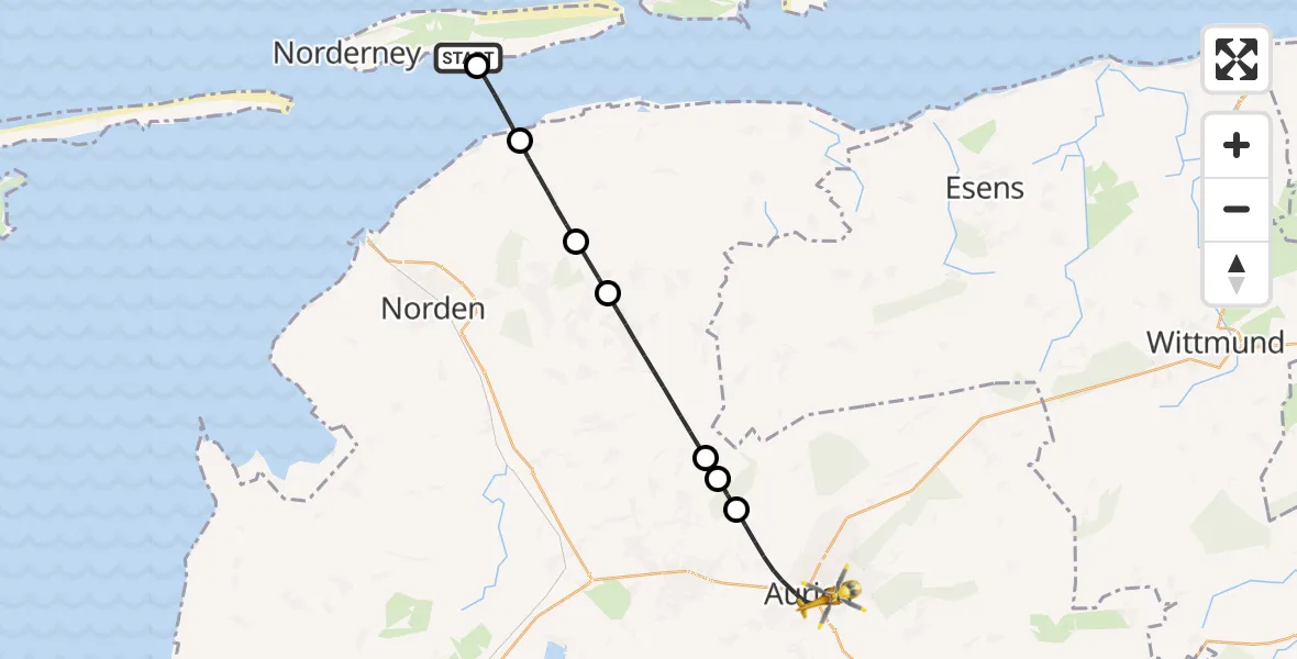 Flugroute Ambulanzhubschrauber Norderney Flughafen - Aurich, 09 Mai 2026, 13:43