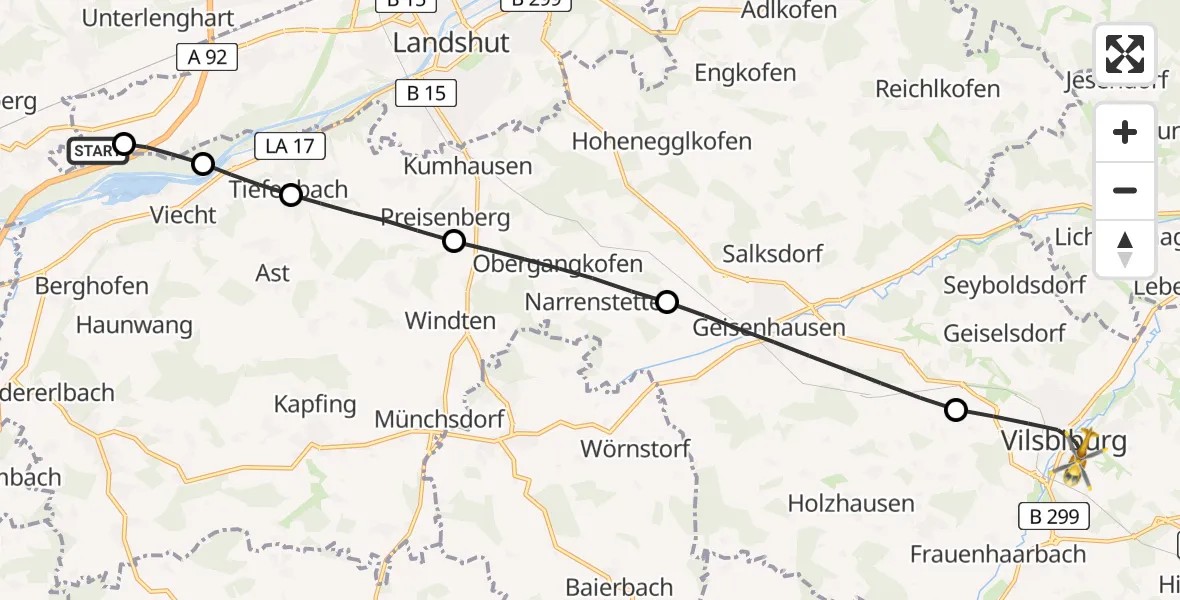 Flugroute Rettungshubschrauber Landshut Flugplatz - Vilsbiburg, 09 Mai 2026, 13:43